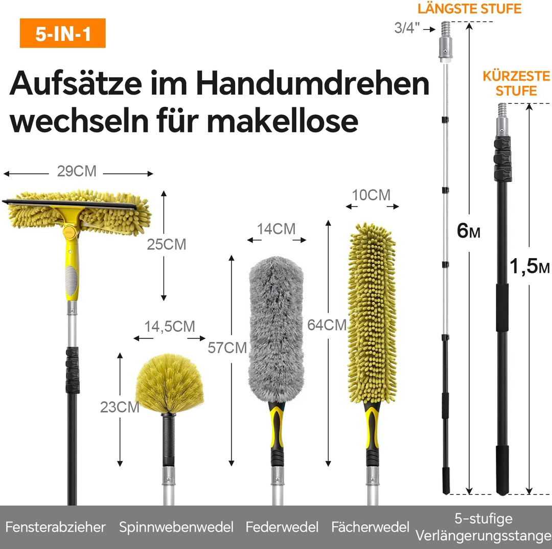 ARTIPOLY 6 m Staubwedel mit Teleskopstiel Set, 5-in-1 Staubwedel für hohe Reichweite mit Chenille Fe
