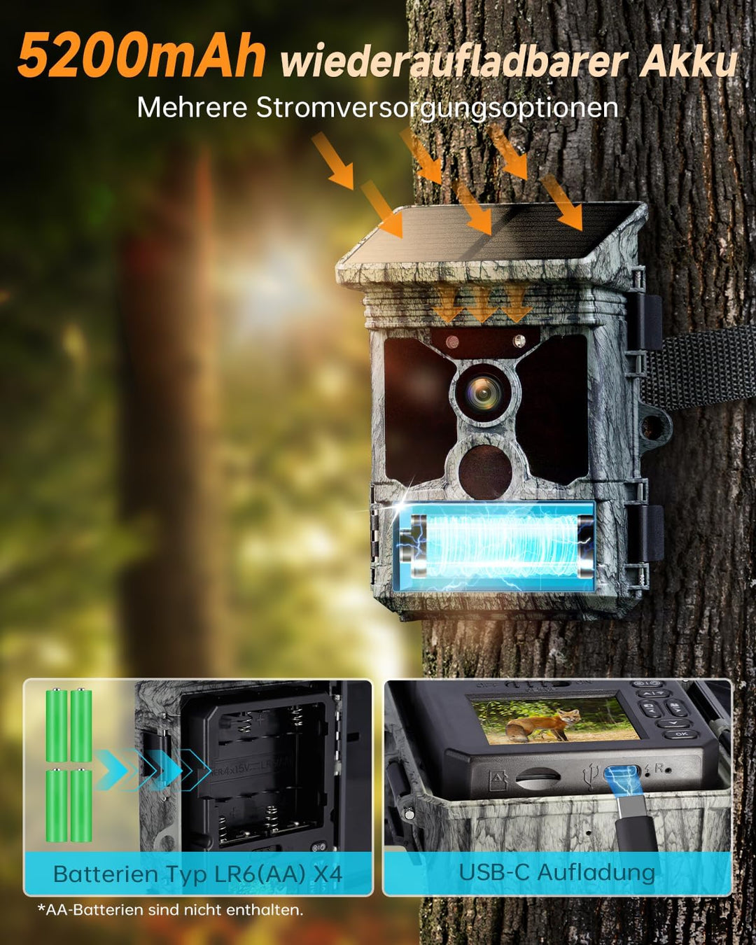 Rollei Wildkamera 4K WiFi Solar, 48MP 4K Wildtierkamera mit Handyübertragung App & Bewegungsmelder N
