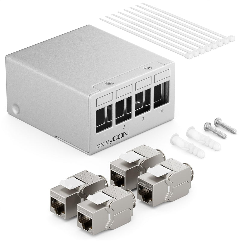 deleyCON 4 Port Patchpanel Set Patchfeld Verteilerfeld 1 HE + 4x RJ45 Keystone Jack Modul STP CAT6a