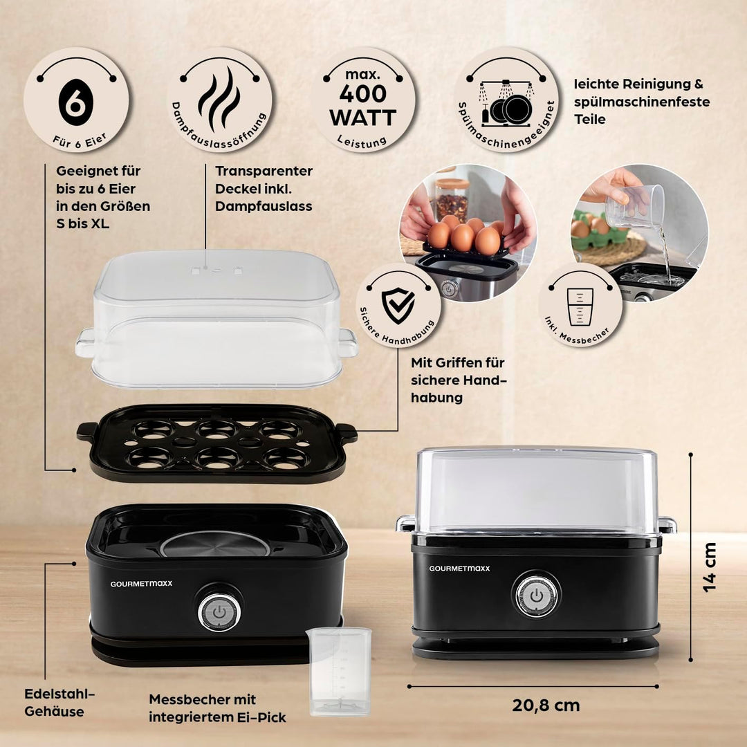 GOURMETmaxx Eierkocher für 6 Eier | Egg Boiler mit Eierstecher im Messbecher | Egg Cooker mit 3 Härt