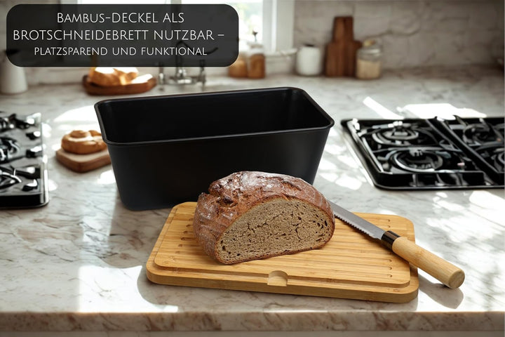 MOON HOME Brotkasten mit Messer - Airlock Black, aus FSC®-zertifizierter Bambus/Holz, PP-Kunststoff,