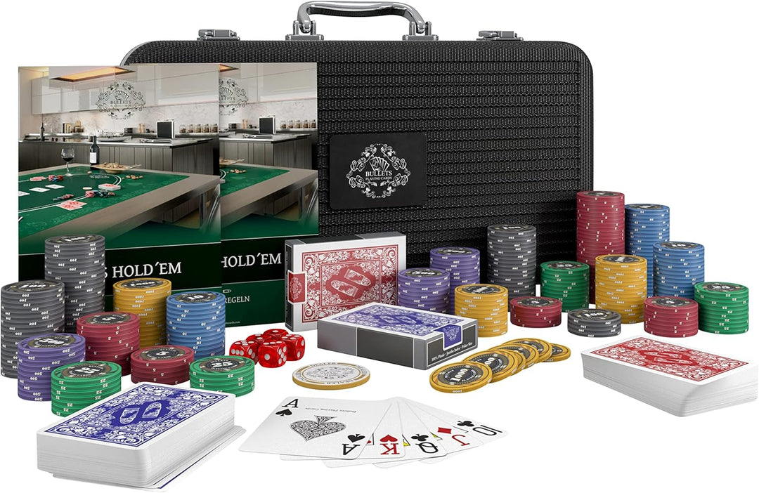 Bullets Playing Cards | Pokerkoffer „Silvio“ mit 300 Keramik Pokerchips 10g | Pokerset mit Karten, W