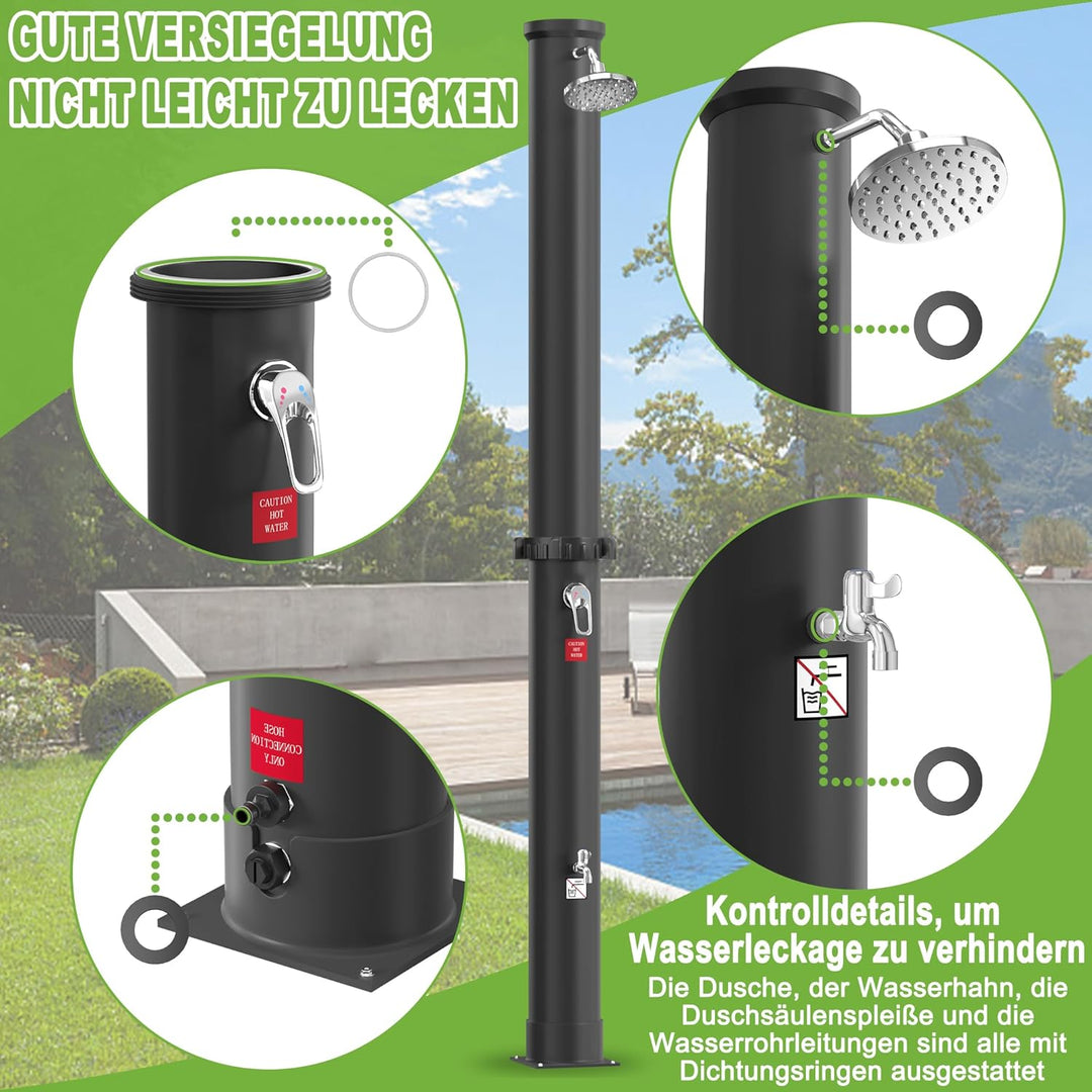 UISEBRT Solardusche 40 Liter, Solar Gartendusche 216 cm Hoch, Regenduschkopf Schwenkbar, max. 60°C,