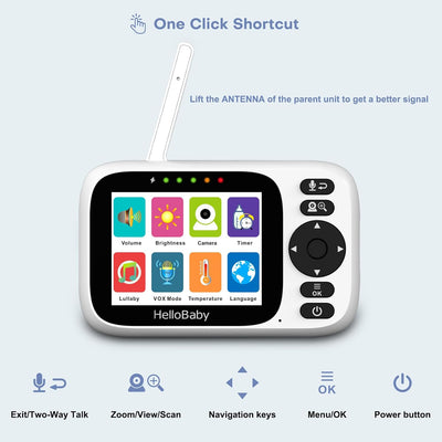 HelloBaby Babyphone mit Kamera, ferngesteuertes Schwenk-Neige-Zoom Video Babyphone und 3,2'' IPS Bil