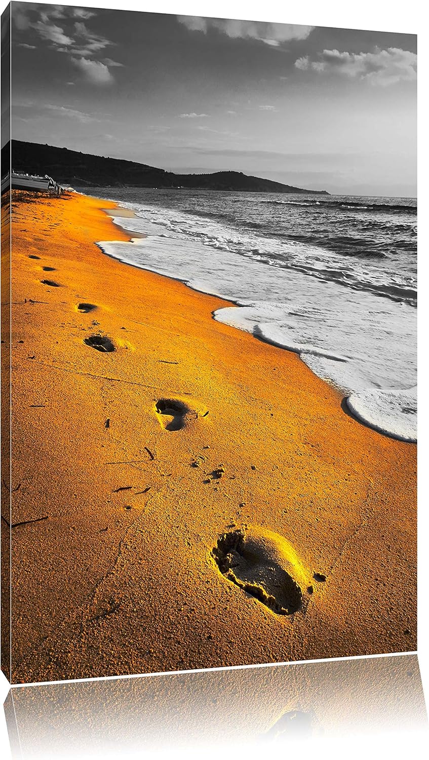 Spuren Im Sand am weiten Meer schwarz/weiss Format: 100x70 auf Leinwand, XXL riesige Bilder fertig g