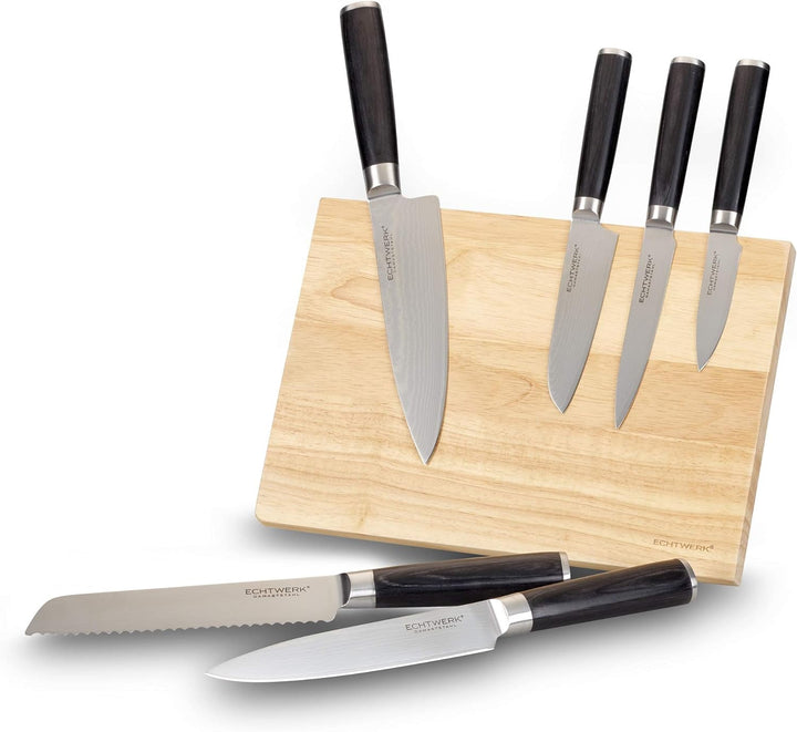 ECHTWERK Damastmesser Set 7tlg. Inkl. Magnet-Messerblock aus Holz & EW-DM-0360 Damastmesser Santokum