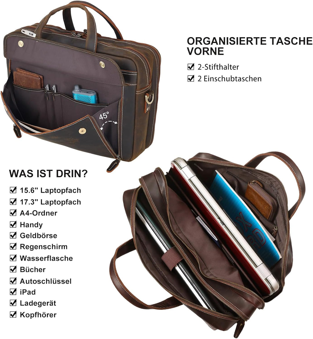 TIDING Laptoptasche 17,3 zoll Leder Aktentasche Herren Vintage Businesstasche Grosse Umhängetasche f