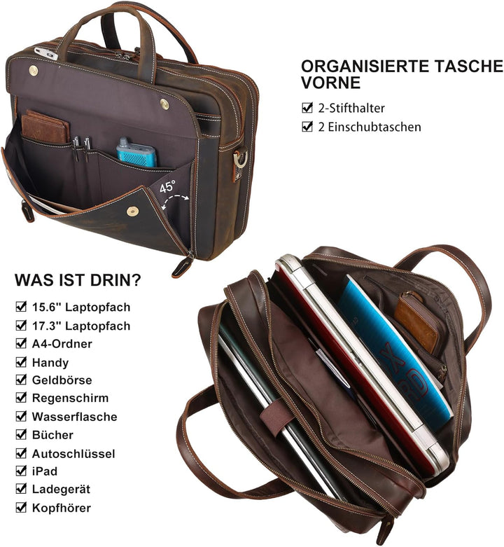 TIDING Laptoptasche 17,3 zoll Leder Aktentasche Herren Vintage Businesstasche Grosse Umhängetasche f