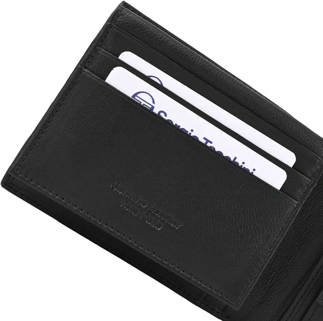 Sergio Tacchini Herren-Geldbörse aus echtem Leder, Schwarz, mit Kartenfach und Geschenkbox 11 x 9 x
