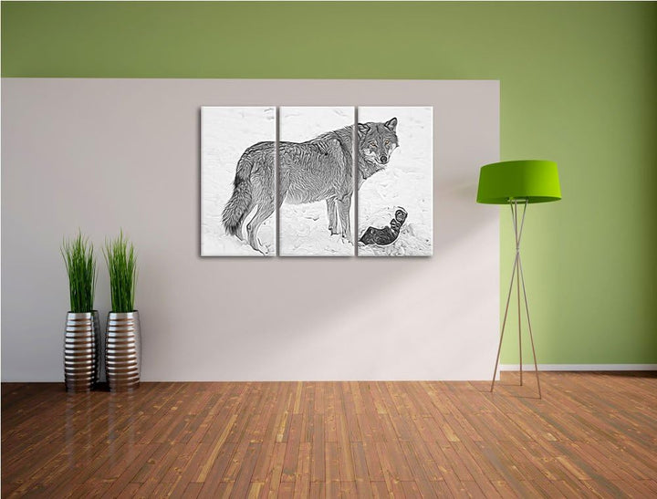 prächtiger Wolf im Schnee schwarz/weiss Deluxe 3-Teiler Leinwandbild 120x80 Bild auf Leinwand, XXL r