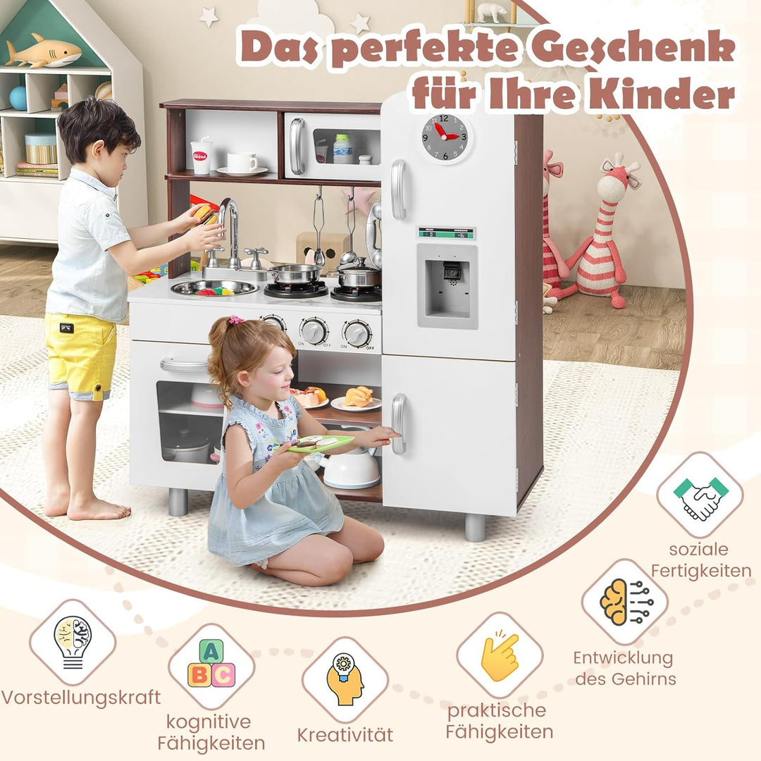 DREAMADE Kinderküche mit Licht und Sound, Kinder Spielzeugküche mit Spüle Herd Mikrowelle Kühlschran