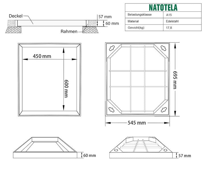 Schachtabdeckung Edelstahl V2A Lichte Weite: 600x450 mm | H: 60 mm Lichte Weite: 600 x 450 mm, Licht