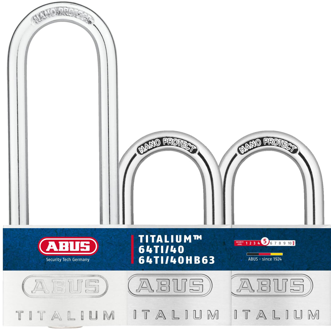 ABUS Vorhängeschloss Titalium 64TI/40 + HB63 - 3er Set, gleichschliessend - Kellerschloss mit Schlos