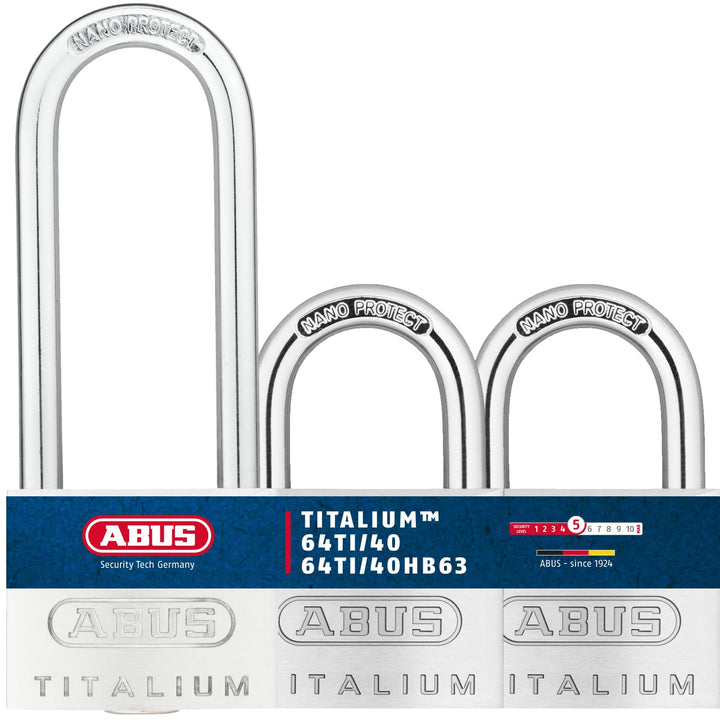 ABUS Vorhängeschloss Titalium 64TI/40 + HB63 - 3er Set, gleichschliessend - Kellerschloss mit Schlos