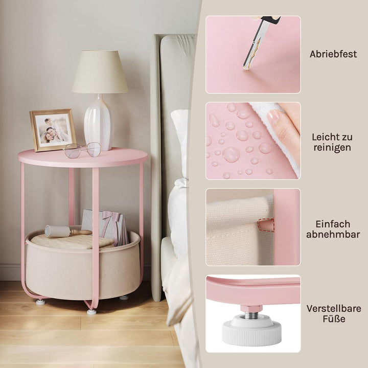 WOLTU Couchtisch rund, Kleiner Beistelltisch, mit abnehmbarem Stoffkorb, Metallrahmen, für Sofa Wohn