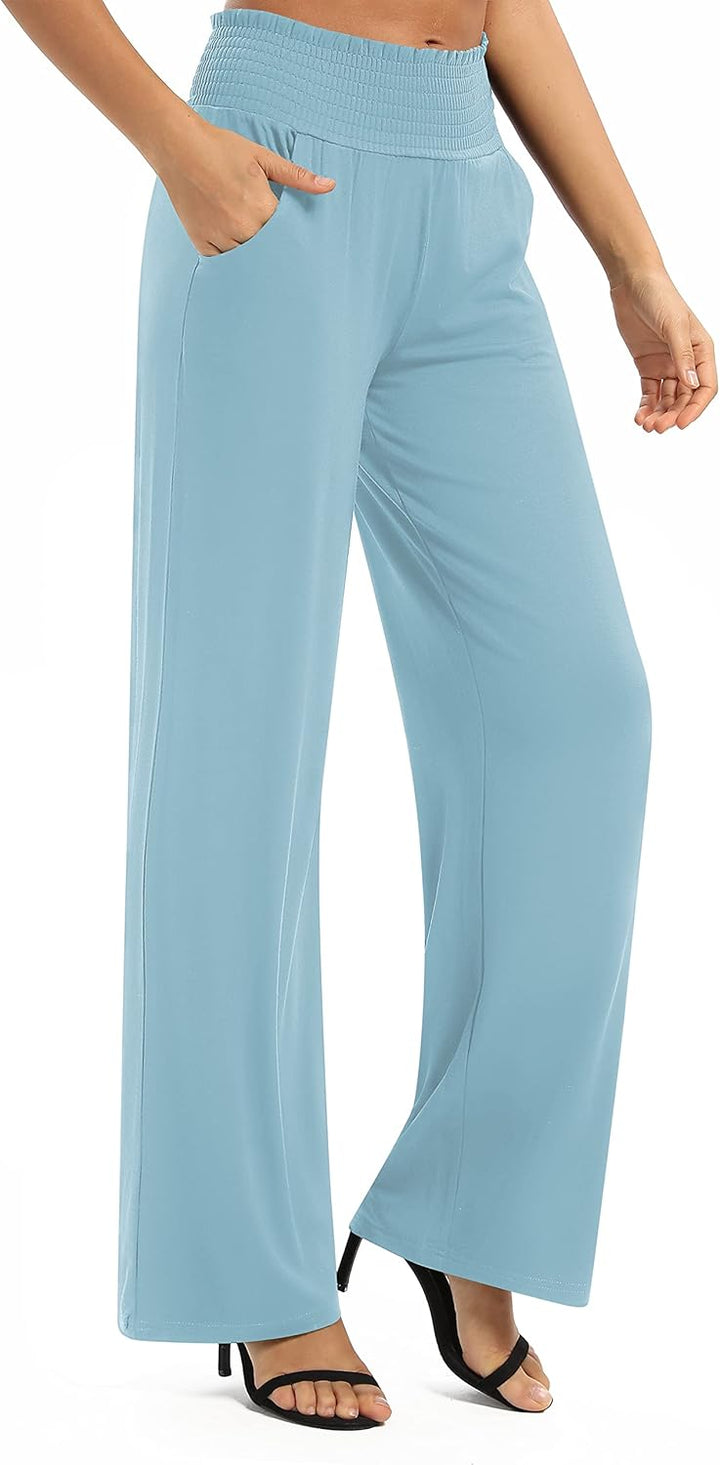 EXCHIC Damen Einfarbig Lose Gerade Geschnitten Palazzo Hose Hohe Taille Dehnbar Lounge Hose mit Tasc