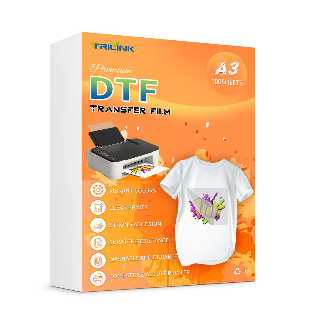 TRILINK DTF Transferfolie A3 (29,7 x 42cm)-100 Blätter Premium PET Direct to Film Druck Folie, Trans