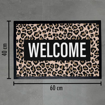Trendation - Welcome Fussmatte Leopard Muster Willkommen Geschenk Aussen Innenbereich 60x40 cm Schmu