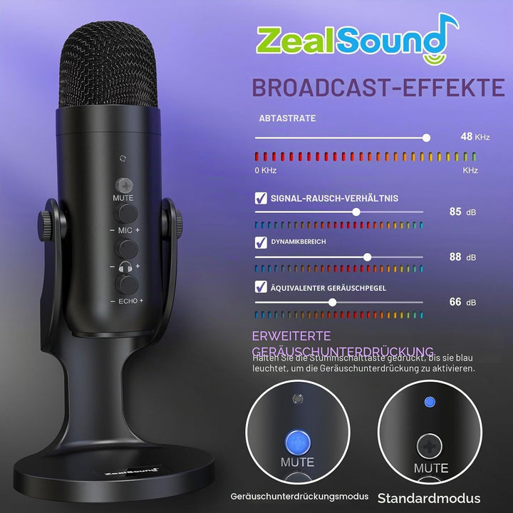 zealsound USB Mikrofon - Kondensatormikrofon für PC und Handy, mit Stummschaltung, Rauschunterdrücku