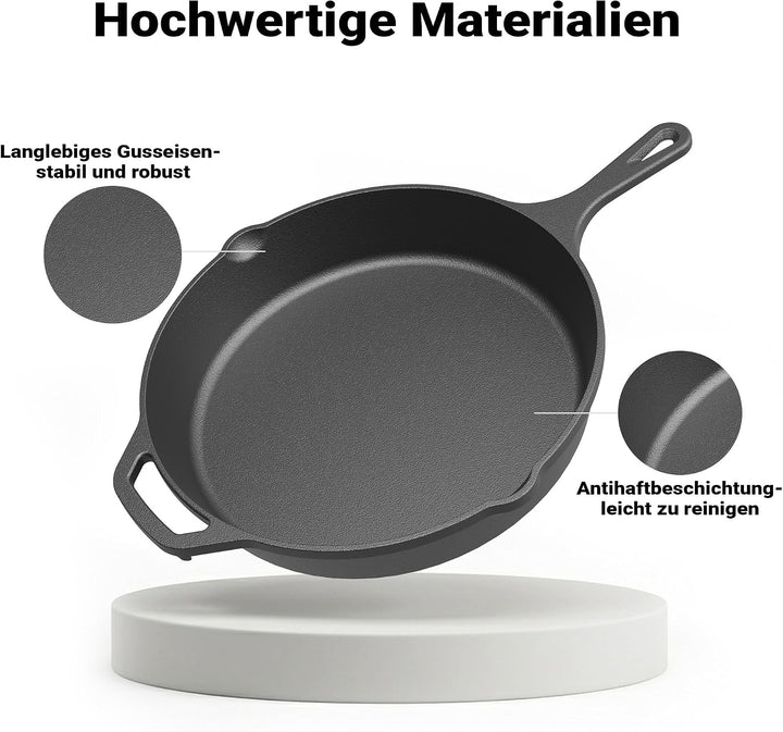 Wiltec Bratpfanne aus Gusseisen Ø30cm, Feuerpfanne mit Griff und Ausgiesser, Grillpfanne Ø 300 x 55