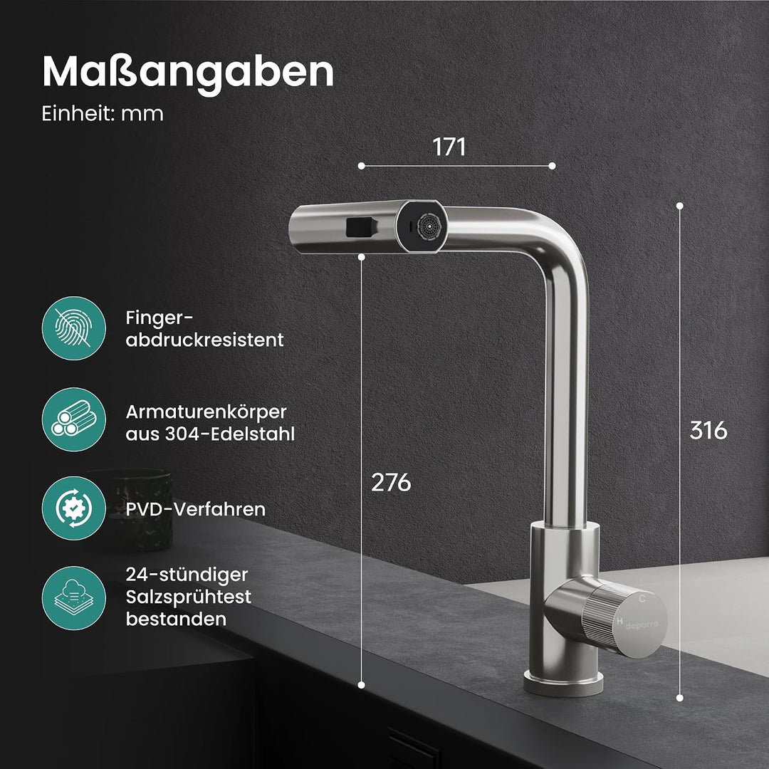 Mai &amp; Mai Küchenarmatur mit ausziehbarer Brause, Silber | Wasserhahn Küche 360°Schwenkbar, 3 Wassers