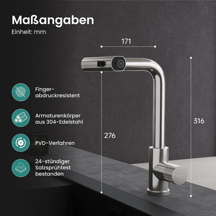 Mai &amp; Mai Küchenarmatur mit ausziehbarer Brause, Silber | Wasserhahn Küche 360°Schwenkbar, 3 Wassers