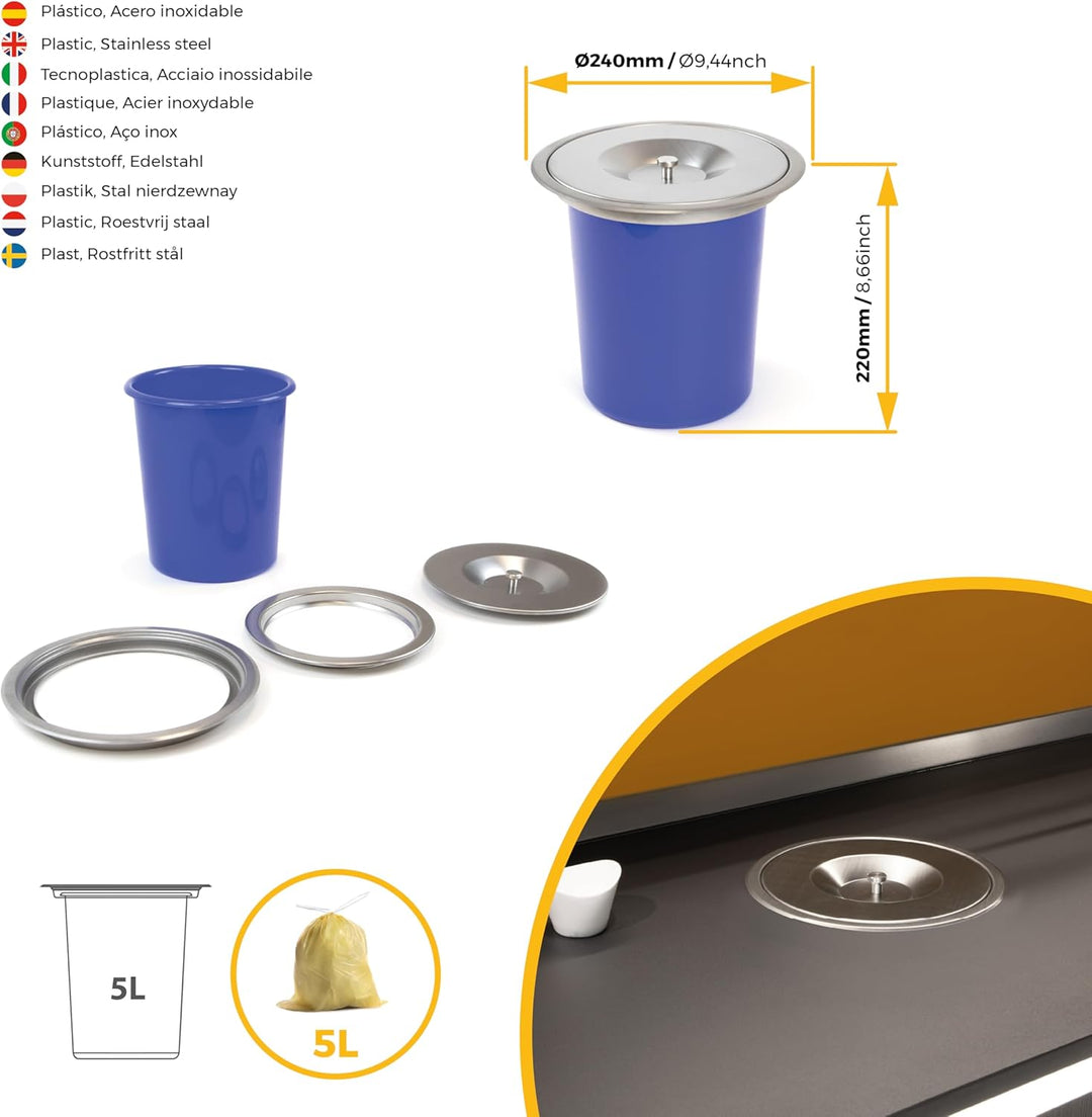 Emuca - Einbaumülleimer für Arbeitsplatte, Abfallsammler für Küche 5L, Edelstahl 5 L, 5 L
