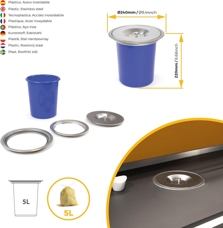 Emuca - Einbaumülleimer für Arbeitsplatte, Abfallsammler für Küche 5L, Edelstahl 5 L, 5 L