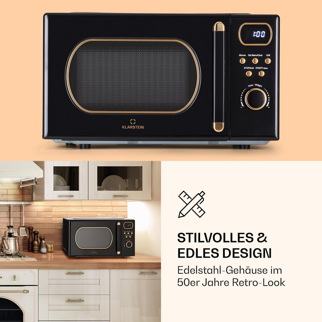 Klarstein Mikrowelle mit Grill, 800 Watt Mikrowelle Klein, 3-in-1Edelstahl-Mikrowelle Schwarz, Klein