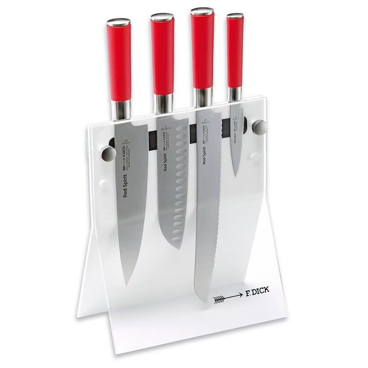 F. DICK Red Spirit Messerblock 4Knives (4-teilig, Officemesser Santoku Küchenmesser Brotmesser, Mess