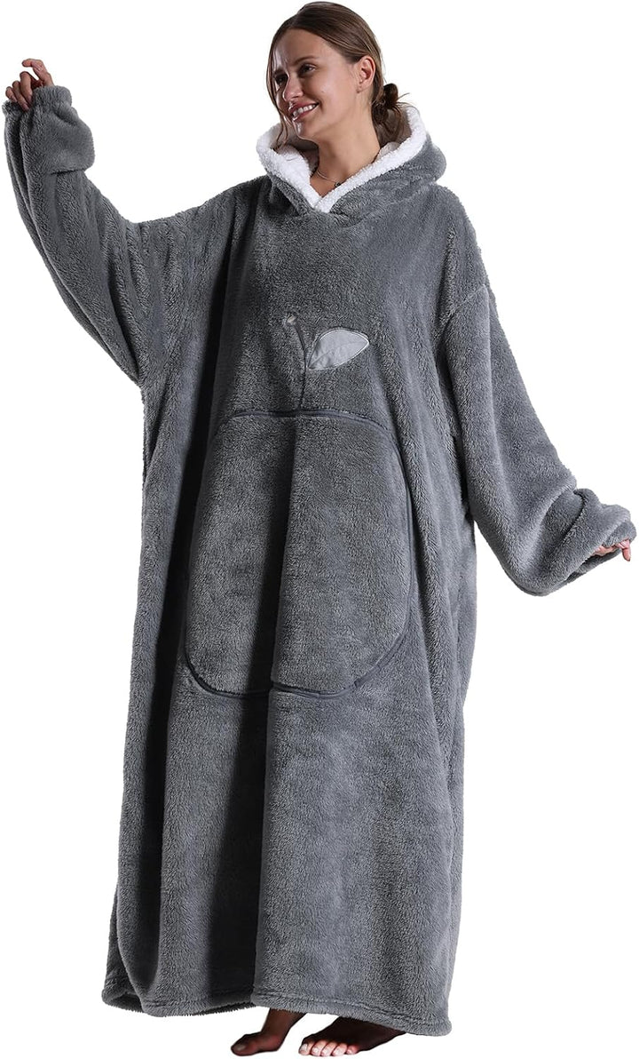 Hoodie Decke Extra Lang mit Kapuze und Tasche für Damen Herren Hellgrau, Hellgrau