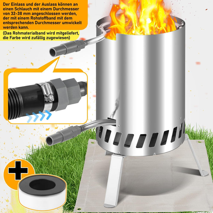 Ansobea Edelstahl Poolheizung mit Feuer und Heizspirale, 10L Schwimmbadheizung Ø 32/38 mm Anschluss,