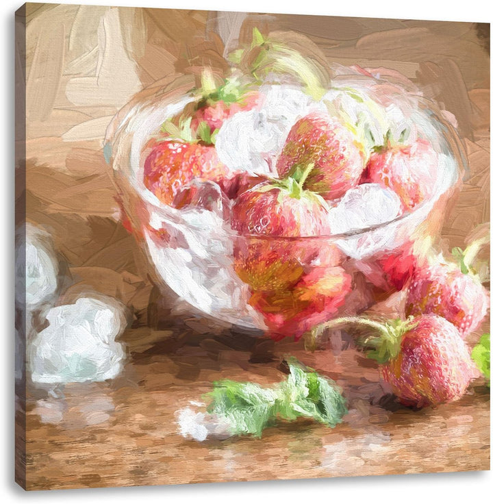Pixxprint Frische Erdbeeren in Eiswürfeln Pinsel Effekt, Format: 70x70 auf Leinwand, 70x70