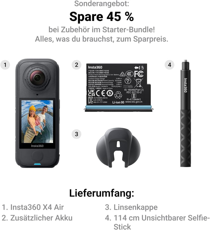 Insta360 X4 Air Starter-Bundle – 165 g leichte 8K 360°-Kamera, Unsichtbarer Selfie-Stick, Wechsel-Li