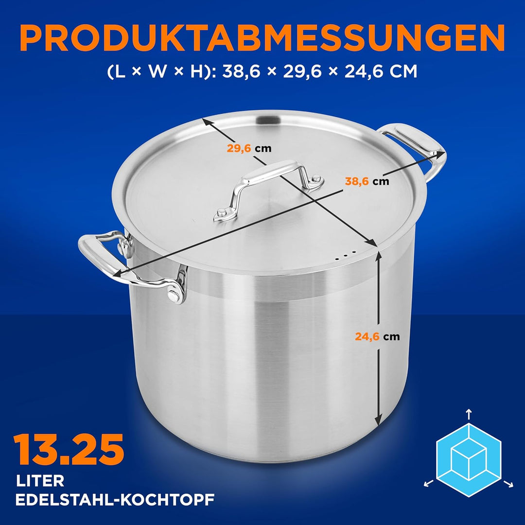 NutriChef Edelstahl Kochtopf 13,2L Induktion – Suppentopf mit Deckel, Profiqualität für Gastronomie