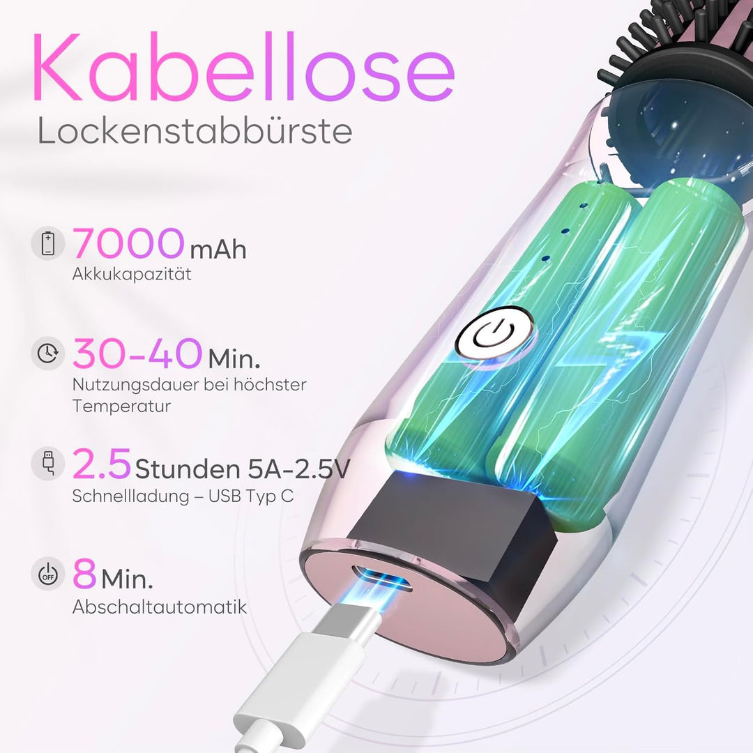 Kabellose Lockenstabbürste, 2024 NEU Tragbare Reise-Lockenstab-Minibürste für Frauen, 7000 mAh USB-a