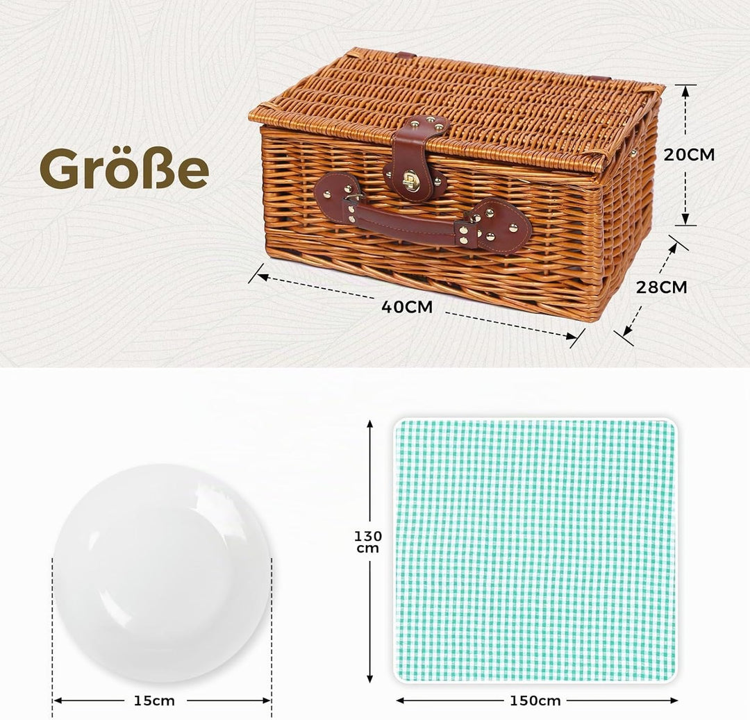 Picknickkorb Set für 4 Person mit Kühlfach und wasserdichte Picknickdecke, Abnehmbarer Riemen, Beste