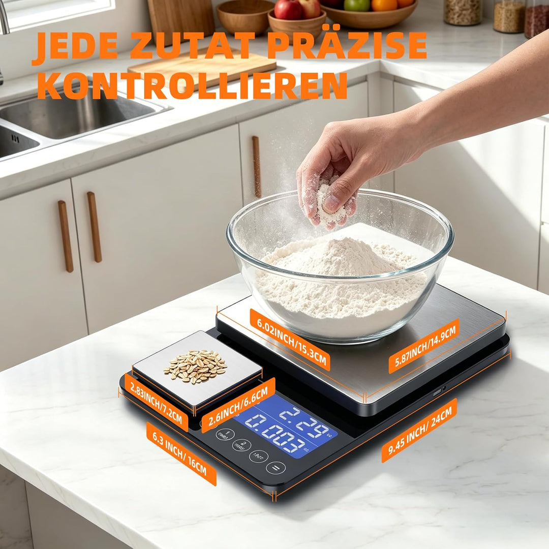 Digitale Küchenwaage mit 2 Plattformen | 15kg/1g & 500g/0.01g Präzisionswaage | 7 Mess-Einheiten, Au