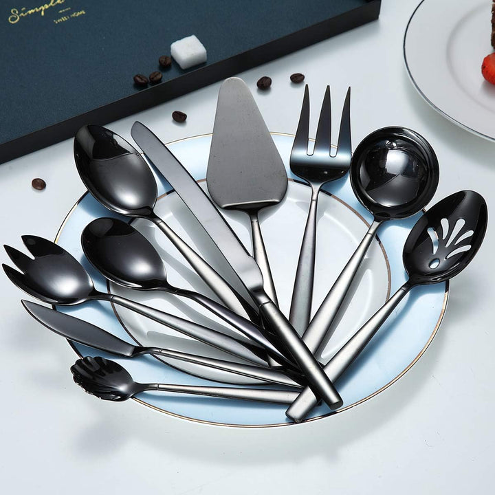 Berglander Black Silverware Servierset 10-teilig, Edelstahl-Besteck-Servierset mit schwarzer Titanbe