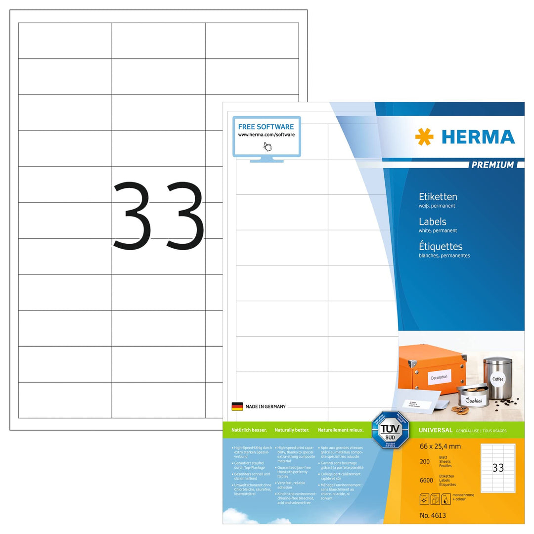 HERMA 4613 Universal Etiketten, 200 Blatt, 66 x 25,4 mm, 33 Stück pro A4 Bogen, 6600 Aufkleber, selb