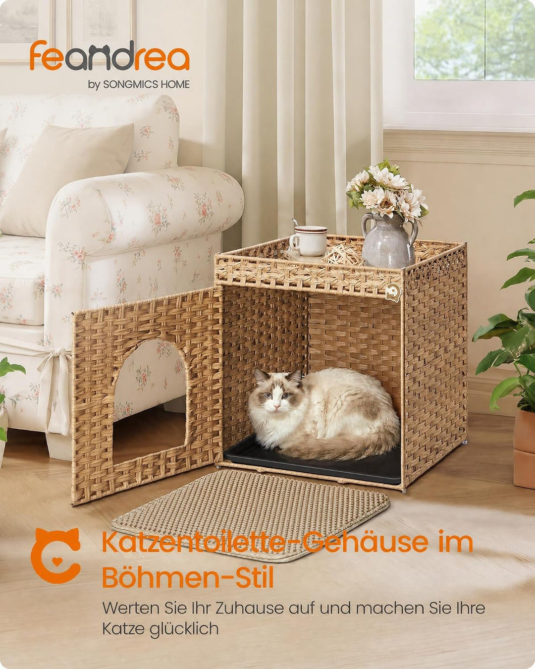 Feandrea Katzenklo-Schrank, Katzenhaus in Rattan-Optik, Katzenschrank handgeflochten, mit Katzenstre