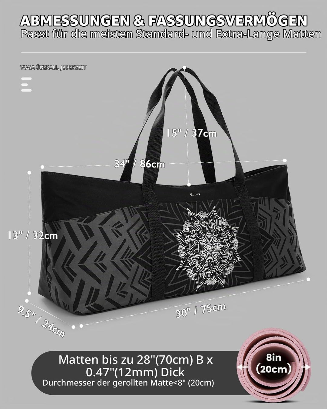 Gonex Yogatasche, Extra Grosse Canvas Sporttasche mit Wasserdichtem Fach &amp; Metallreissverschluss, Fü