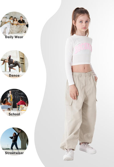 Rolanko Mädchen Cargohose, Baumwoll Baggy Hose mit Elastischer Taille und Mehreren Taschen für Kinde
