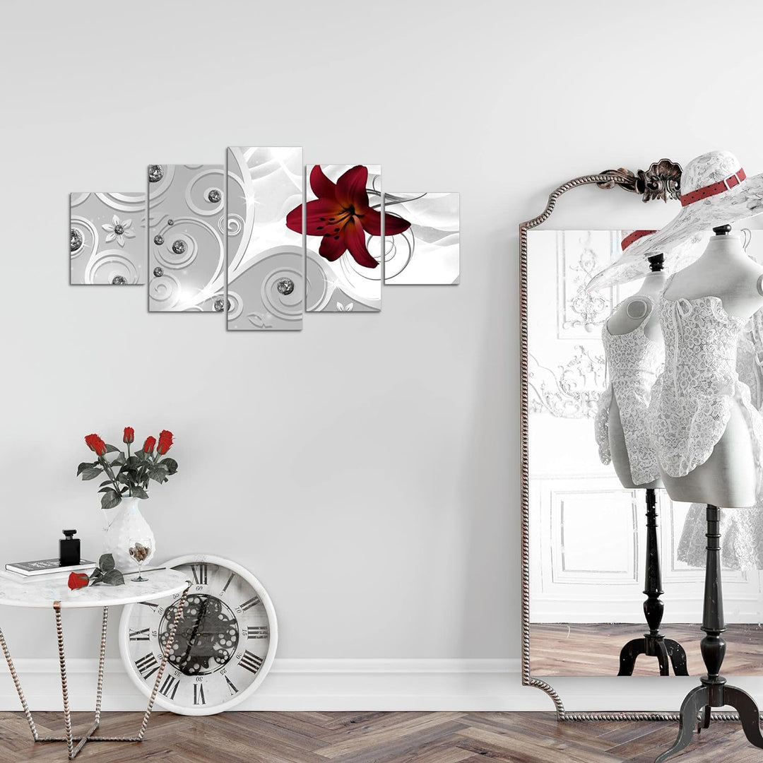 Runa Art Wandbilder Blumen Lilie 5 Teilig Bild auf Vlies Leinwand Deko Wohnzimmer Ornament Silber Ro