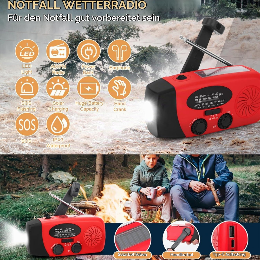 Notfall Wetterradio, Tragbares AM FM NOAA WB Radio mit 2000 mAh, Solar Handkurbel, Taschenlampe, für