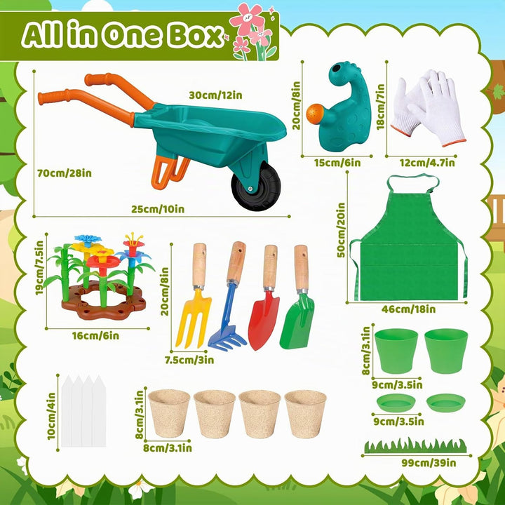 deAO Gartenset Kinder, Gartengeräte Spielzeug mit Schubkarre, Schaufel, Rechen, Blumentöpfe, Handsch