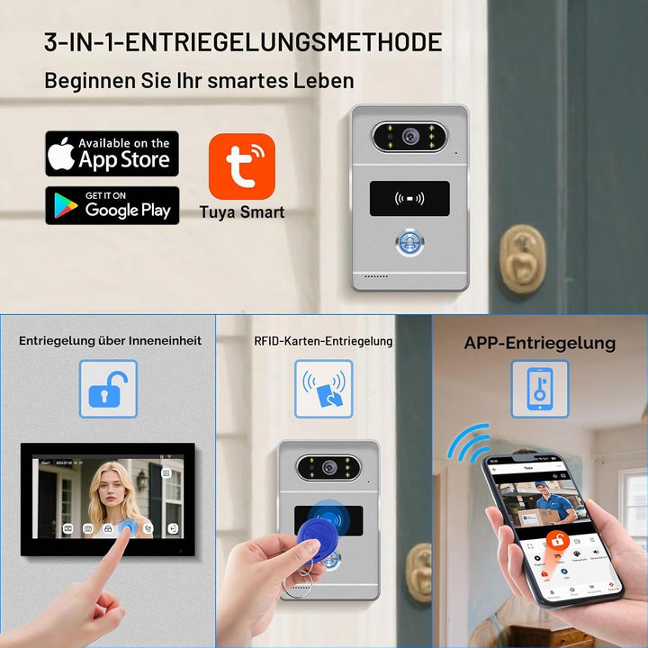 2 Draht WLAN Kabellose Video Türsprechanlage, 1080P HD 7 Zoll Touchscreen Video Intercom System für