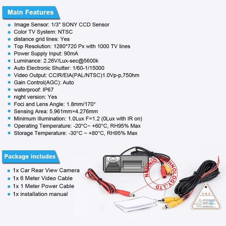 1280 * 720 Pixel 1000TV-Linien Hochwertiges 18mm-Objektiv Autokennzeichen Licht Rückfahrkamera, wass