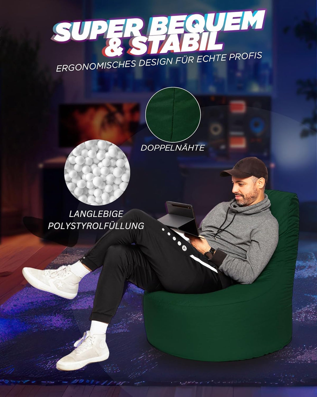 PATCH HOME Gamer Sessel mit Reissverschluss Lounge Kissen Sitzsack Sitzkissen Bean Bag In & Outdoor