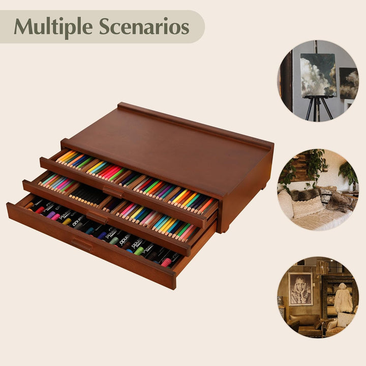 VISWIN 3-Schublade Holz Artist Supply Storage Box mit abnehmbaren Trennwänden, Premium Buche Holz Ar